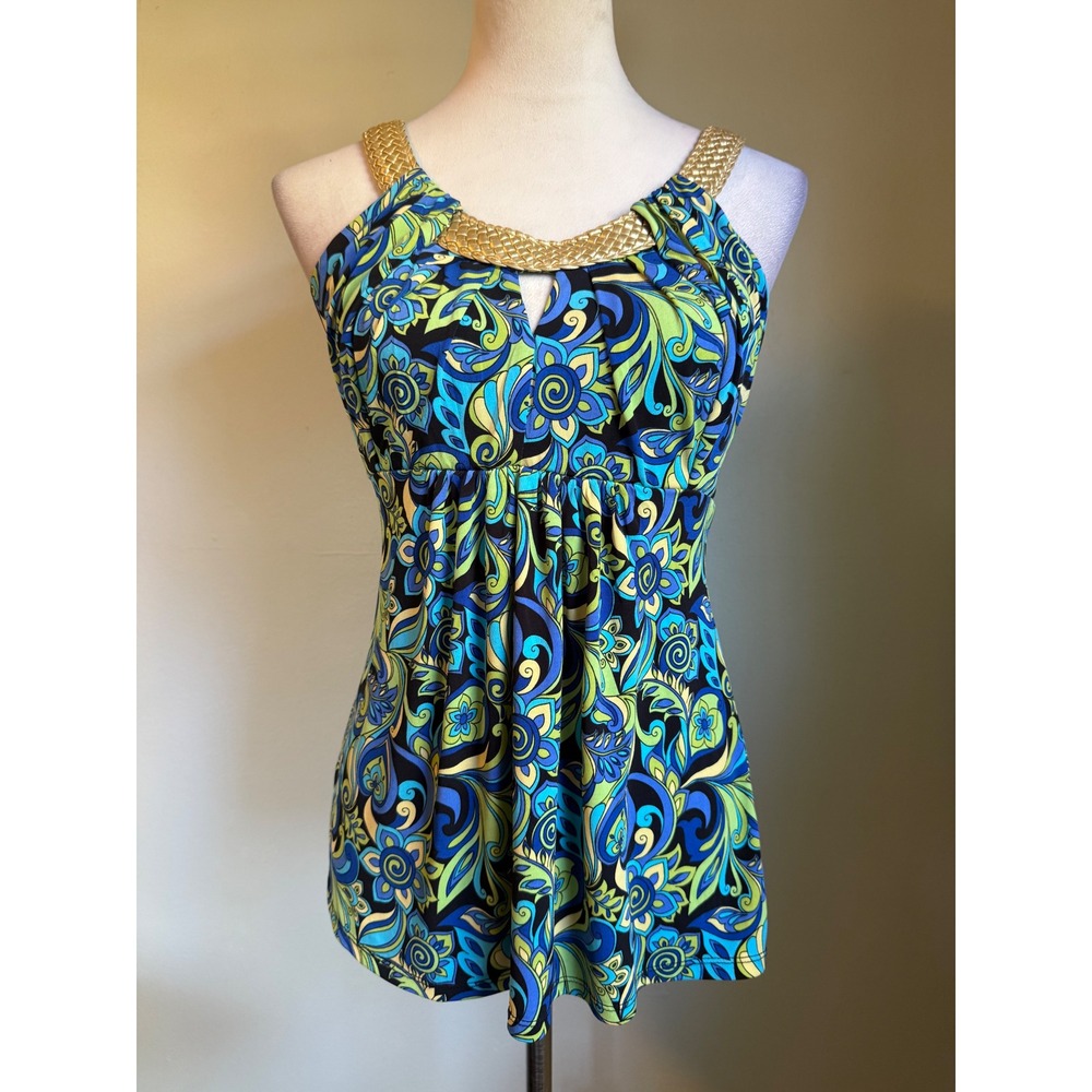 Bisou‎ Bisou y2k Tuscan mob shirt Top Blue Green Floral Gold Braided retro  S